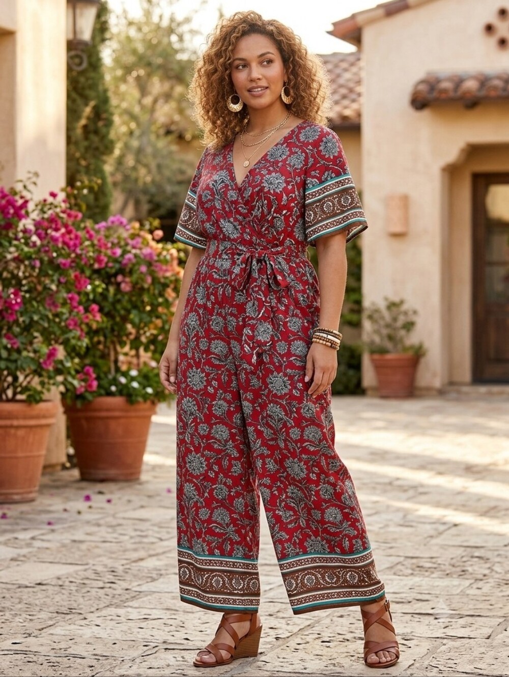 Democracy Wrap Front Wide Leg Red Floral Print Belted Jumpsuit Lge Elastic Waist
